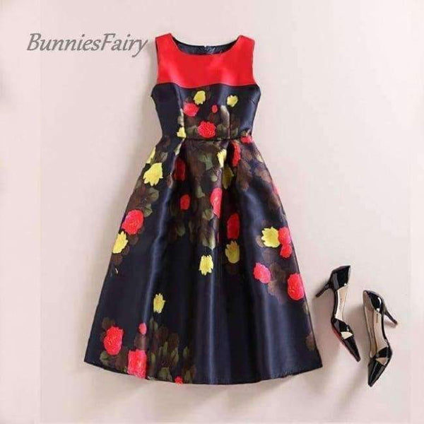 Planet Gates 07 / L Celebrity-inspired Women Elegant Vintage Retro Flower Floral Print Vest Dresses Sleeveless O-Neck Vestido de Fiesta