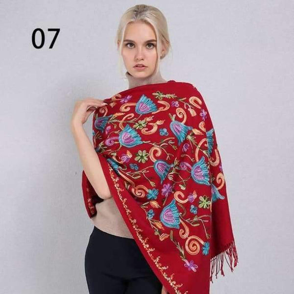 Planet Gates 07 Wine Red / One Size Women Cashmere Embroidery Pashmina Long Winter Scarf Soft Tassel Warm Wraps Knitted Floral Female Autumn Scarves
