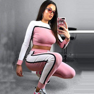Long Sleeve Crop Tops And Legging Two Piece Sets Women 2018 Autumn Winter Streetwear Patchwork Pink Sporty Women Suit