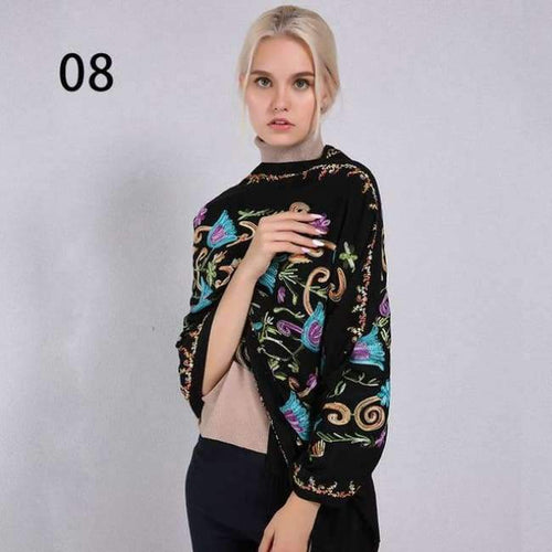 Planet Gates 08 Black / One Size Women Cashmere Embroidery Pashmina Long Winter Scarf Soft Tassel Warm Wraps Knitted Floral Female Autumn Scarves