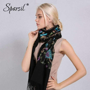 Planet Gates 08 Black / One Size Women Cashmere Embroidery Pashmina Long Winter Scarf Soft Tassel Warm Wraps Knitted Floral Female Autumn Scarves