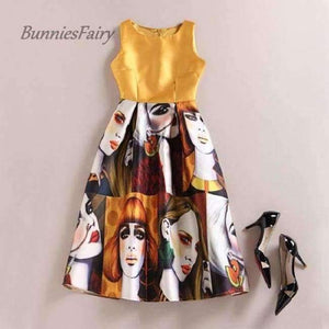 Planet Gates 08 / L Celebrity-inspired Women Elegant Vintage Retro Flower Floral Print Vest Dresses Sleeveless O-Neck Vestido de Fiesta