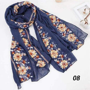 Planet Gates 08 Navy Blue / One Size Women Cotton Linen Blend Scarves Flowers Embroidery Shawls Basic Floral Print Pashmina Scarf Ladies Wraps Size 180*90cm