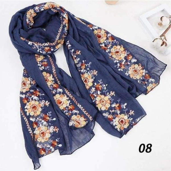 Planet Gates 08 Navy Blue / One Size Women Cotton Linen Blend Scarves Flowers Embroidery Shawls Basic Floral Print Pashmina Scarf Ladies Wraps Size 180*90cm