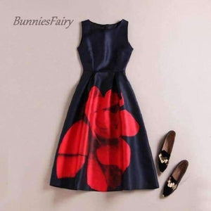 Planet Gates 09 / L Celebrity-inspired Women Elegant Vintage Retro Flower Floral Print Vest Dresses Sleeveless O-Neck Vestido de Fiesta