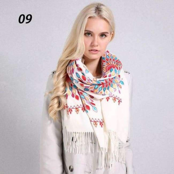 Planet Gates 09 Mi White / One Size Women Quality Soft Cashmere Scarves Sun Flower Embroidery Warm Long Shawls Winter Knitted Scarf All Match Pashmina Wrap