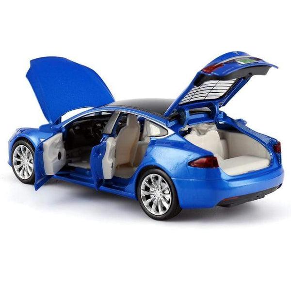 Planet Gates 1/32 Alloy Tesla Model S  Saloon Toy Vehicle Simulation Sound Light Pull Back Toys Car For Children Kids Gift blue car