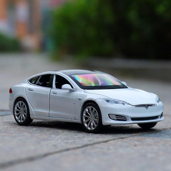 Planet Gates 1/32 Alloy Tesla Model S  Saloon Toy Vehicle Simulation Sound Light Pull Back Toys Car For Children Kids Gift blue car