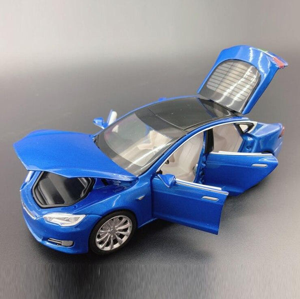 Planet Gates 1/32 Alloy Tesla Model S  Saloon Toy Vehicle Simulation Sound Light Pull Back Toys Car For Children Kids Gift blue car