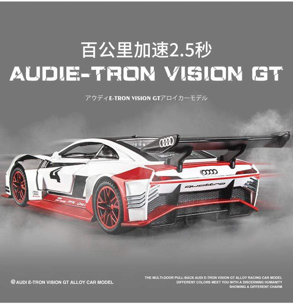 Planet Gates 1:32 Audi car model GT Le Mans racing simulation alloy pull back sound and light door children's metal toy car Birthday boy gift