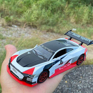 Planet Gates 1:32 Audi car model GT Le Mans racing simulation alloy pull back sound and light door children's metal toy car Birthday boy gift