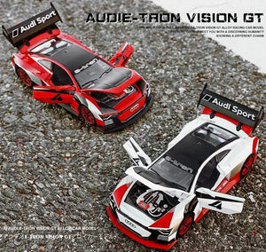 Planet Gates 1:32 Audi car model GT Le Mans racing simulation alloy pull back sound and light door children's metal toy car Birthday boy gift