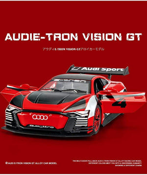 Planet Gates 1:32 Audi car model GT Le Mans racing simulation alloy pull back sound and light door children's metal toy car Birthday boy gift