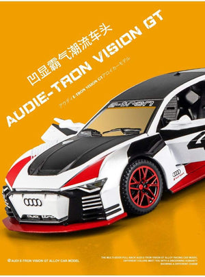 Planet Gates 1:32 Audi car model GT Le Mans racing simulation alloy pull back sound and light door children's metal toy car Birthday boy gift
