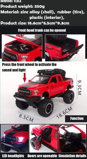 Planet Gates 1:32 Ford Raptor F150 Big Wheel Alloy Diecast Car Model Car Pull Back Vehicle Collection Children Toy Car Gifts