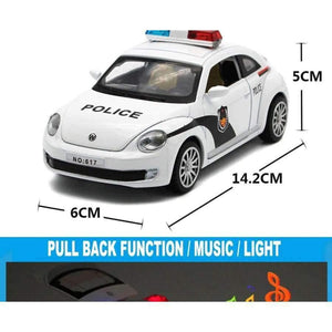 Planet Gates 1:32 Scale 15CM Length Diecast Model Beetle Police Cars Toys For Boys As Present With Openable Doors/Pull Back Function/Music