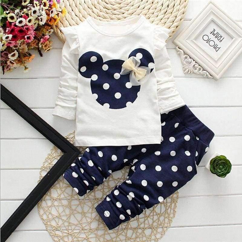 Planet Gates 1 / 3M Spring children girls clothing sets mouse early autumn clothes bow tops t shirt leggings pants baby kids 2 pcs suit