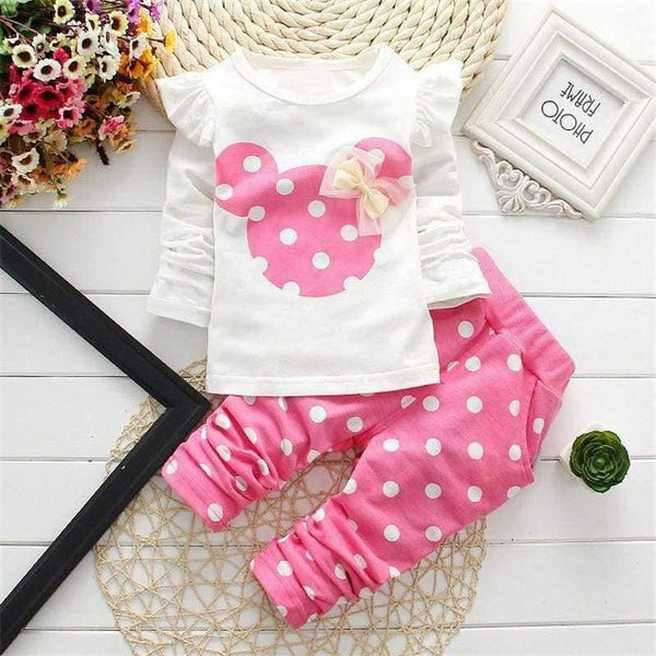 Planet Gates 1 / 3M Spring children girls clothing sets mouse early autumn clothes bow tops t shirt leggings pants baby kids 2 pcs suit