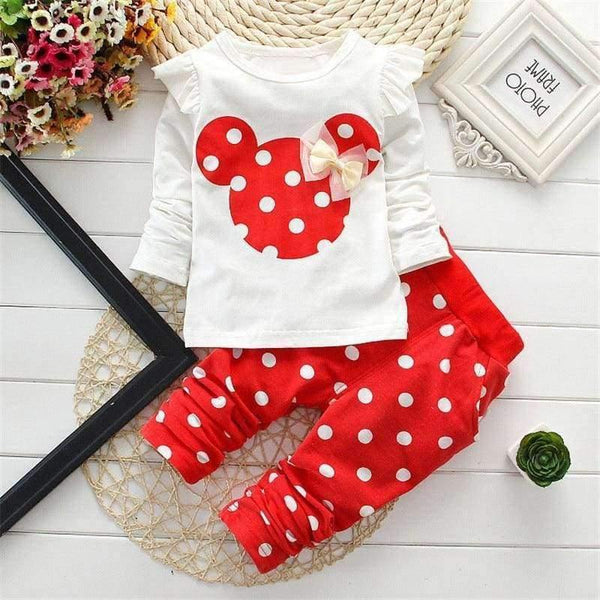 Planet Gates 1 / 3M Spring children girls clothing sets mouse early autumn clothes bow tops t shirt leggings pants baby kids 2 pcs suit