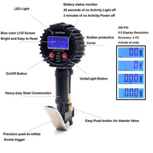 Planet Gates 1/4 NPT Quick Connect Digital Tire Inflator with Pressure Gauge 0-200PSI Air Chuck and Compressor Accessories Tire Repair Tools