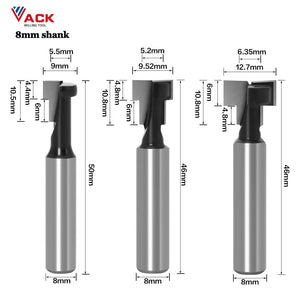 Planet Gates 1/4" 6mm 8mm Shank T-Slot Cutter Router Bit Set Hex Bolt Key Hole Bits T Slotting Milling Cutter For Wood Woodworking