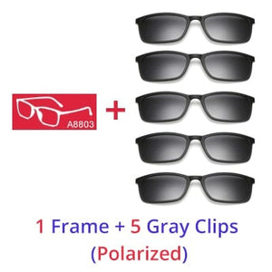 Planet Gates 1 Frame 5 Gray Clips / Matt Black Frame Ralferty Polarized Sunglasses Men Women 5 In 1 Magnetic Clip On Glasses TR90 Optical Prescription Eyeglass Frames Magnet Clips