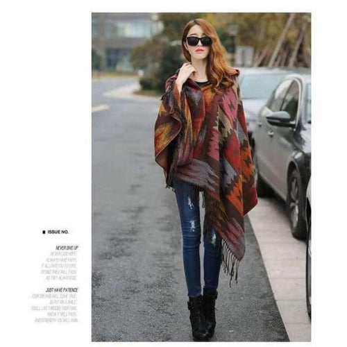 Planet Gates 1 / One Size Women Winter Bohemian Hooded Coat Cape Wrap Poncho Shawl Scarf cotton and acrylic Tribal Fringe New Hoodie Dropshipping