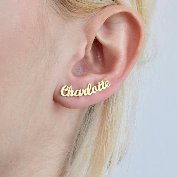 Planet Gates 1 Pair Personalized Custom Name Earrings For Women Customize Initial Cursive Nameplate Stud Earring Gift For Best Friend Girls