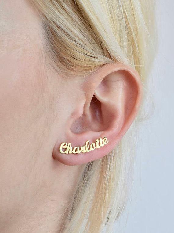 Planet Gates 1 Pair Personalized Custom Name Earrings For Women Customize Initial Cursive Nameplate Stud Earring Gift For Best Friend Girls