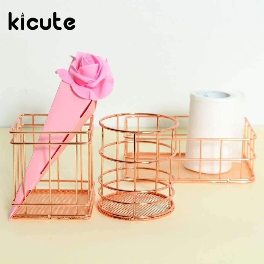Planet Gates 1 pcs High Quality Rose Gold Metal Pen Holder Box Case Organizer Home Desk Stationery Decor Office School Desk Accessories