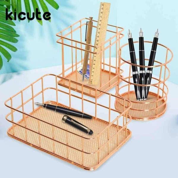 Planet Gates 1 pcs Rose Gold Metal Pen Holder Box Case Organizer Home Desk Stationery Decor Office School Desk Accessories Supplies