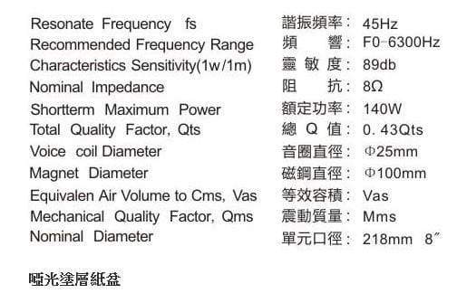Planet Gates 1 Pieces Original KASUN QA-8100/QS-8210 8'' Home Audio DIY HiFi Woofer Speaker Driver Unit Black PP Cone 8ohm/140W D210-218mm