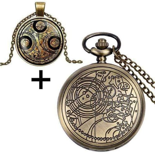 Planet Gates 1 Quartz Pocket Watch with Dr. Who Symbols Glass Dome Pendant Necklace Chain Box DAD Top Gifts Set