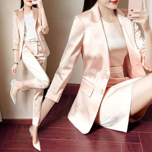 Planet Gates 1 / S Women Pencil Pant Suits 2 Piece Sets Pink Solid Blazer + Pencil Pant Office Lady Notched Jacket Female Outfits