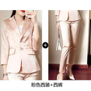 Planet Gates 1 / S Women Pencil Pant Suits 2 Piece Sets Pink Solid Blazer + Pencil Pant Office Lady Notched Jacket Female Outfits