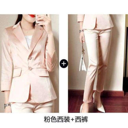 Planet Gates 1 / S Women Pencil Pant Suits 2 Piece Sets Pink Solid Blazer + Pencil Pant Office Lady Notched Jacket Female Outfits