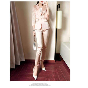 Planet Gates 1 / S Women Pencil Pant Suits 2 Piece Sets Pink Solid Blazer + Pencil Pant Office Lady Notched Jacket Female Outfits
