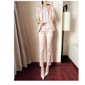 Planet Gates 1 / S Women Pencil Pant Suits 2 Piece Sets Pink Solid Blazer + Pencil Pant Office Lady Notched Jacket Female Outfits