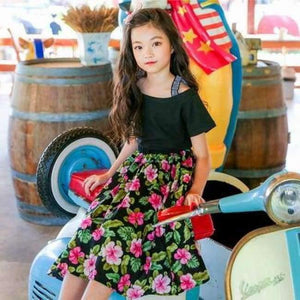 Planet Gates 1 set / 4T Girls Summer Outfit  Teenage Girls Fashion two pieces Clothing Sets Black Tops + Floral Skirts Size 8 10 12 Girls Clothes