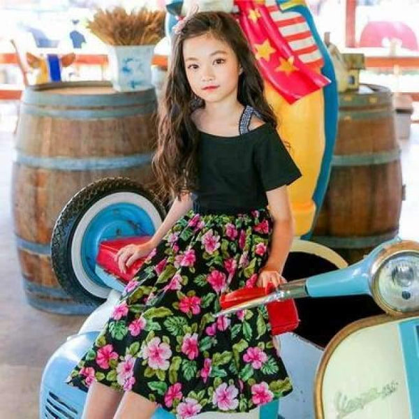 Planet Gates 1 set / 4T Girls Summer Outfit  Teenage Girls Fashion two pieces Clothing Sets Black Tops + Floral Skirts Size 8 10 12 Girls Clothes