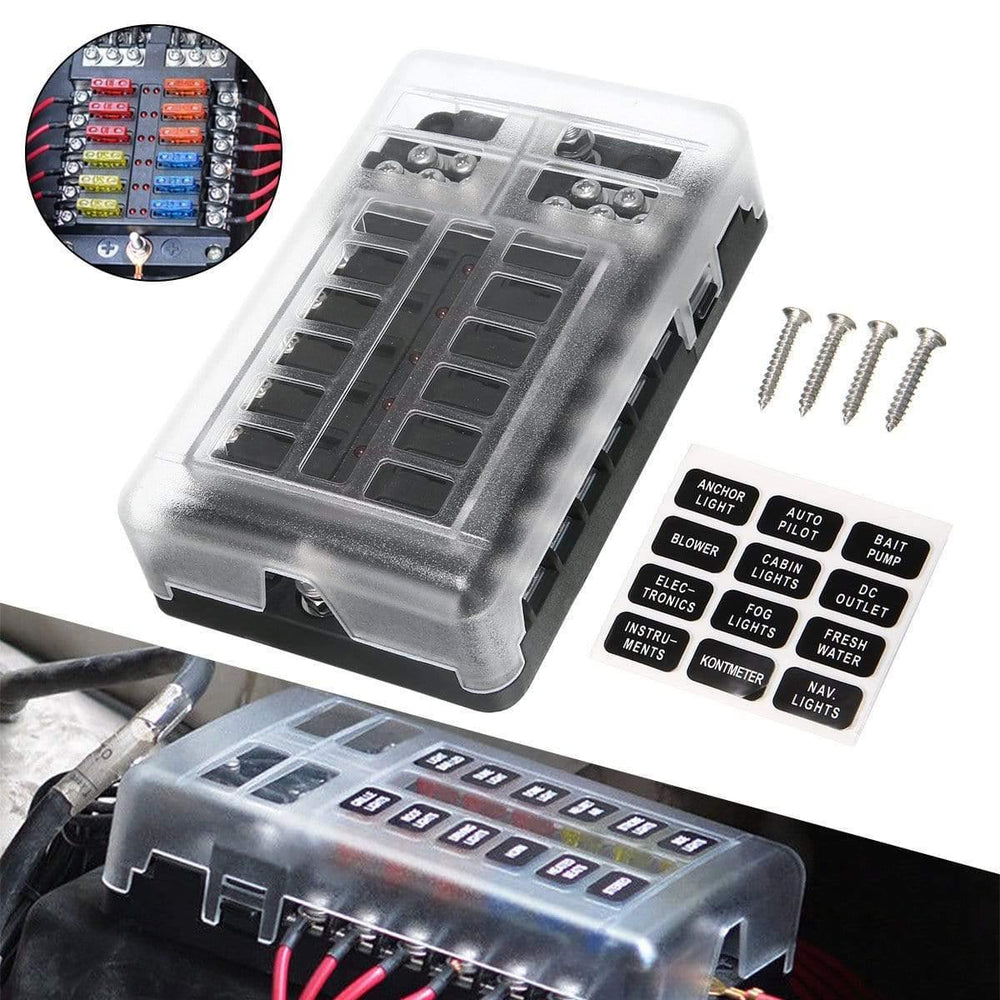 1 Set DC 32V 100A 12 Way Fuse Box Block Holder ATC ATO Blade LED Fuse Box with  Screws&Labels For Car Marine Caravan