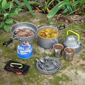 Planet Gates 1 Set Outdoor Pots Pans Camping Cookware Picnic Cooking Set Non-stick Tableware  With Foldable Spoon Fork Knife Kettle Cup