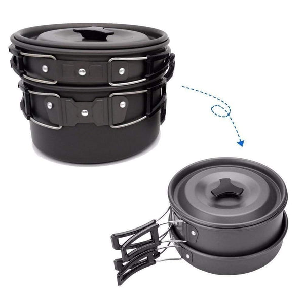 Planet Gates 1 Set Outdoor Pots Pans Camping Cookware Picnic Cooking Set Non-stick Tableware  With Foldable Spoon Fork Knife Kettle Cup