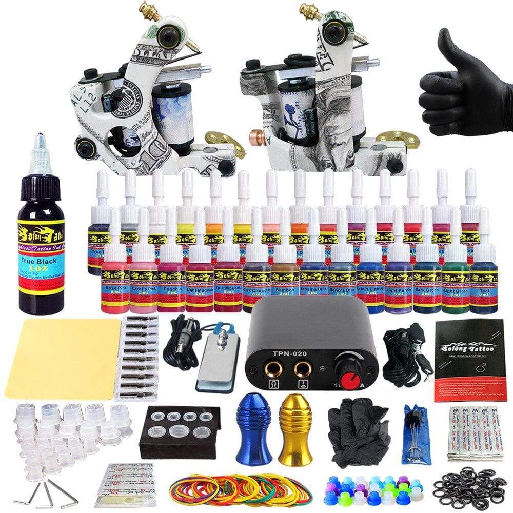 Planet Gates 1 Set Tattoo Kit 28 Inks Power Supply Needle Grips Tips Complete Tattoo Machine Set for Beginner Starter 2 Pro Machine Guns