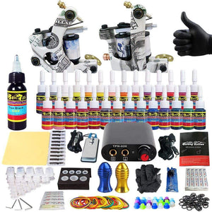 Planet Gates 1 Set Tattoo Kit 28 Inks Power Supply Needle Grips Tips Complete Tattoo Machine Set for Beginner Starter 2 Pro Machine Guns
