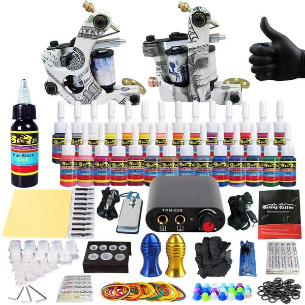 Planet Gates 1 Set Tattoo Kit 28 Inks Power Supply Needle Grips Tips Complete Tattoo Machine Set for Beginner Starter 2 Pro Machine Guns