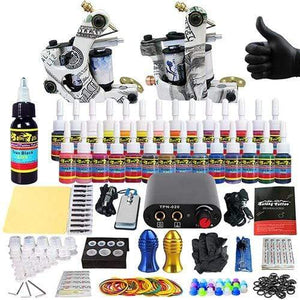 Planet Gates 1 Set Tattoo Kit 28 Inks Power Supply Needle Grips Tips Complete Tattoo Machine Set for Beginner Starter 2 Pro Machine Guns