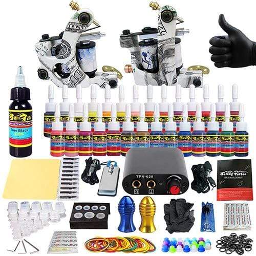 Planet Gates 1 Set Tattoo Kit 28 Inks Power Supply Needle Grips Tips Complete Tattoo Machine Set for Beginner Starter 2 Pro Machine Guns