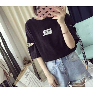 Planet Gates 1 / XL Korean Harajuku Style Hey Alphabet Women T Shirt Personality Hole Ribbon Half Sleeve Student Tops Fashion Tees ZO9