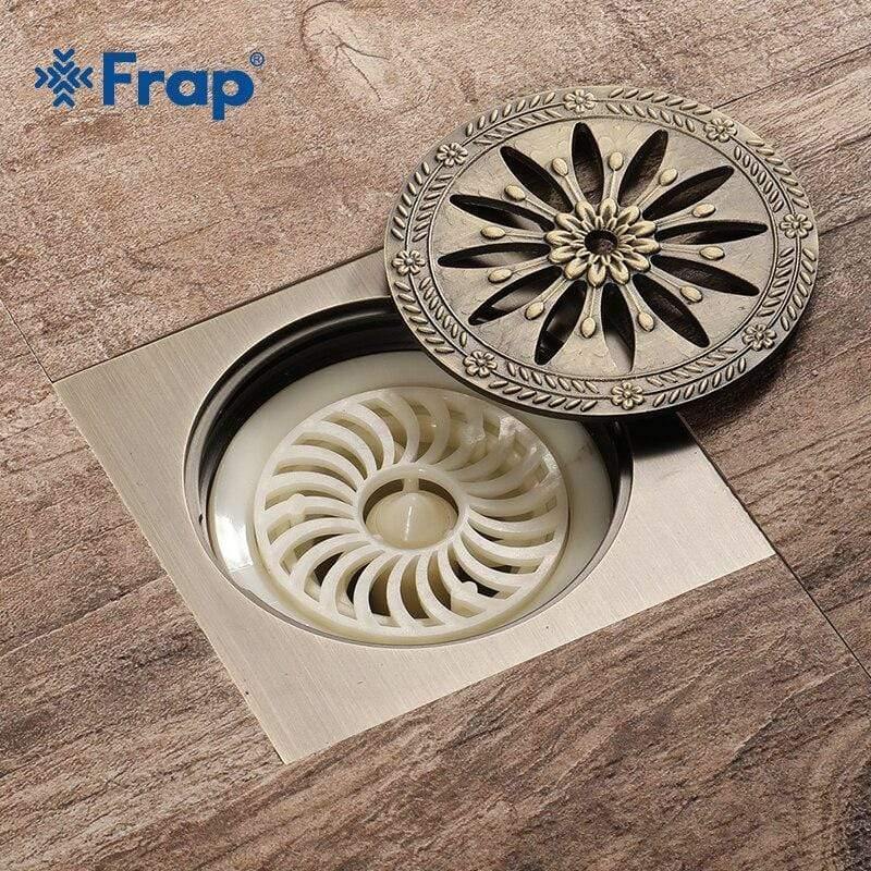 Planet Gates 10*10cm Floor Drains Square Bath Drains Strainer Hair Antique Brass Carved Bathroom Floor Drain Waste Grate Drain Y38083 (Y38083)